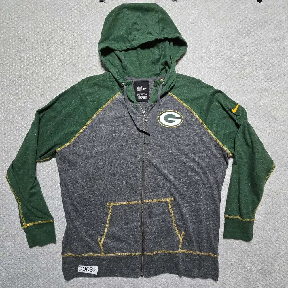 Nike NFL Green Bay Packers Mens Full Zip Hoodie Gray Green Raglan Sweatshirt XXL